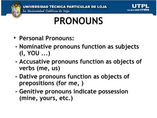PRONOUNS Personal Pronouns: - Nominative pronouns function as subjects (I, YOU ...)  - Accusative pronouns function as objects of verbs (me, us) - Dative pronouns function as objects of prepositions (for me, ) - Genitive pronouns indicate possession (mine, yours, etc.) 