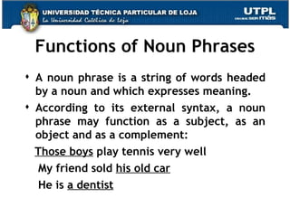 Functions of Noun Phrases A noun phrase is a string of words headed by a noun and which expresses meaning. According to its external syntax, a noun phrase may function as a subject, as an object and as a complement: Those boys  play tennis very well My friend sold  his old car He is  a dentist 