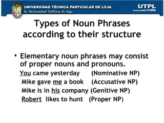 Types of Noun Phrases according to their structure Elementary noun phrases may consist of proper nouns and pronouns. You  came yesterday  (Nominative NP) Mike gave  me  a book  (Accusative NP) Mike is in  his  company (Genitive NP) Robert   likes to hunt  (Proper NP ) 