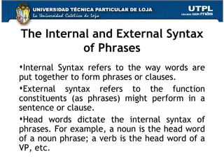 The Internal and External Syntax of Phrases Internal Syntax refers to the way words are put together to form phrases or clauses. External syntax refers to the function constituents (as phrases) might perform in a sentence or clause. Head words dictate the internal syntax of phrases. For example, a noun is the head word of a noun phrase; a verb is the head word of a VP, etc.  