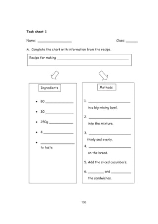 100
Task sheet 1
Name: _________________ Class: ______
A. Complete the chart with information from the recipe.
Recipe for making ____________________________________
80 ______________
30 ______________
250g ____________
4 _______________
_________________
to taste
1. _____________________
in a big mixing bowl.
2. _____________________
into the mixture.
3. _____________________
thinly and evenly.
4. _____________________
on the bread.
5. Add the sliced cucumbers.
6. ________ and __________
the sandwiches.
Ingredients Methods
 
