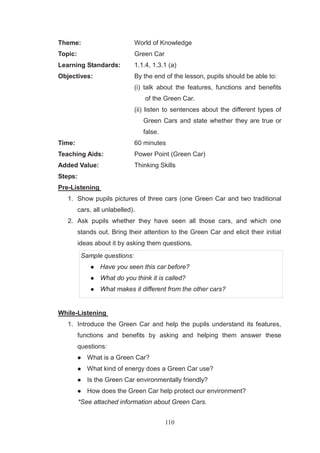 110
Theme: World of Knowledge
Topic: Green Car
Learning Standards: 1.1.4, 1.3.1 (a)
Objectives: By the end of the lesson, pupils should be able to:
(i) talk about the features, functions and benefits
of the Green Car.
(ii) listen to sentences about the different types of
Green Cars and state whether they are true or
false.
Time: 60 minutes
Teaching Aids: Power Point (Green Car)
Added Value: Thinking Skills
Steps:
Pre-Listening
1. Show pupils pictures of three cars (one Green Car and two traditional
cars, all unlabelled).
2. Ask pupils whether they have seen all those cars, and which one
stands out. Bring their attention to the Green Car and elicit their initial
ideas about it by asking them questions.
Sample questions:
Have you seen this car before?
What do you think it is called?
What makes it different from the other cars?
While-Listening
1. Introduce the Green Car and help the pupils understand its features,
functions and benefits by asking and helping them answer these
questions:
What is a Green Car?
What kind of energy does a Green Car use?
Is the Green Car environmentally friendly?
How does the Green Car help protect our environment?
*See attached information about Green Cars.
 