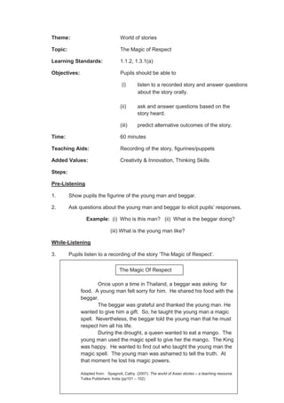 121
Theme: World of stories
Topic: The Magic of Respect
Learning Standards: 1.1.2, 1.3.1(a)
Objectives: Pupils should be able to
(i) listen to a recorded story and answer questions
about the story orally.
(ii) ask and answer questions based on the
story heard.
(iii) predict alternative outcomes of the story.
Time: 60 minutes
Teaching Aids: Recording of the story, figurines/puppets
Added Values: Creativity & Innovation, Thinking Skills
Steps:
Pre-Listening
1. Show pupils the figurine of the young man and beggar.
2. Ask questions about the young man and beggar to elicit pupils’ responses.
Example: (i) Who is this man? (ii) What is the beggar doing?
(iii) What is the young man like?
While-Listening
3. Pupils listen to a recording of the story ‘The Magic of Respect’.
Once upon a time in Thailand, a beggar was asking for
food. A young man felt sorry for him. He shared his food with the
beggar.
The beggar was grateful and thanked the young man. He
wanted to give him a gift. So, he taught the young man a magic
spell. Nevertheless, the beggar told the young man that he must
respect him all his life.
During the drought, a queen wanted to eat a mango. The
young man used the magic spell to give her the mango. The King
was happy. He wanted to find out who taught the young man the
magic spell. The young man was ashamed to tell the truth. At
that moment he lost his magic powers.
Adapted from: Spagnoli, Cathy. (2007). The world of Asian stories – a teaching resource.
Tulika Publishers: India (pp101 – 102)
The Magic Of Respect
 