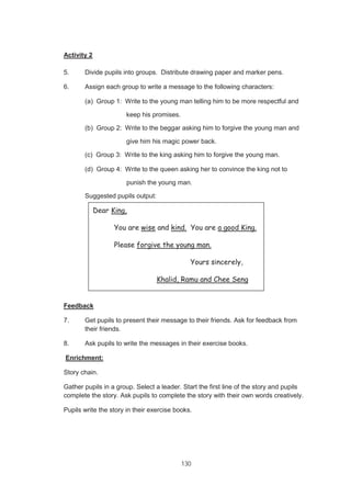 130
Activity 2
5. Divide pupils into groups. Distribute drawing paper and marker pens.
6. Assign each group to write a message to the following characters:
(a) Group 1: Write to the young man telling him to be more respectful and
keep his promises.
(b) Group 2: Write to the beggar asking him to forgive the young man and
give him his magic power back.
(c) Group 3: Write to the king asking him to forgive the young man.
(d) Group 4: Write to the queen asking her to convince the king not to
punish the young man.
Suggested pupils output:
Feedback
7. Get pupils to present their message to their friends. Ask for feedback from
their friends.
8. Ask pupils to write the messages in their exercise books.
Enrichment:
Story chain.
Gather pupils in a group. Select a leader. Start the first line of the story and pupils
complete the story. Ask pupils to complete the story with their own words creatively.
Pupils write the story in their exercise books.
Dear King,
You are wise and kind. You are a good King.
Please forgive the young man.
Yours sincerely,
Khalid, Ramu and Chee Seng
 