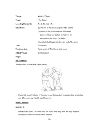 136
Theme: World of Stories
Topic: ‘The Twins’
Learning Standards: 1.1.2, 1.3.1(c), 1.1.4
Objectives: By the end of the lesson, pupils will be able to:
(i) talk about the similarities and differences
between Rory and Callum as heard in an
excerpt from the story ‘The Twins.’
(ii) predict what happens in the next part of the story.
Time: 60 minutes
Teaching Aids: Audio script of ‘The Twins’, task sheet
Added Values: Contextualism
Steps:
Pre-Listening
Show pupils a picture of two boys (twins).
1. Pupils talk about the twins in the picture, and discuss their characteristics, similarities
and differences (eg. height, facial features).
While-Listening
(Activity 1)
1. Introduce the story ‘The Twins’ and ask pupils what they think the story might be
about and who the main characters might be.
 