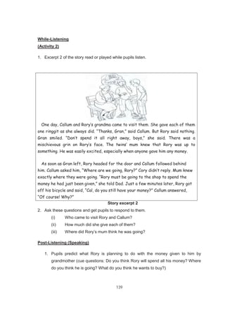 139
While-Listening
(Activity 2)
1. Excerpt 2 of the story read or played while pupils listen.
Story excerpt 2
2. Ask these questions and get pupils to respond to them.
(i) Who came to visit Rory and Callum?
(ii) How much did she give each of them?
(iii) Where did Rory’s mum think he was going?
Post-Listening (Speaking)
1. Pupils predict what Rory is planning to do with the money given to him by
grandmother (cue questions: Do you think Rory will spend all his money? Where
do you think he is going? What do you think he wants to buy?)
One day, Callum and Rory’s grandma came to visit them. She gave each of them
one ringgit as she always did. “Thanks, Gran,” said Callum. But Rory said nothing.
Gran smiled. “Don’t spend it all right away, boys,” she said. There was a
mischievous grin on Rory’s face. The twins’ mum knew that Rory was up to
something. He was easily excited, especially when anyone gave him any money.
As soon as Gran left, Rory headed for the door and Callum followed behind
him. Callum asked him, “Where are we going, Rory?” Cory didn’t reply. Mum knew
exactly where they were going. “Rory must be going to the shop to spend the
money he had just been given,” she told Dad. Just a few minutes later, Rory got
off his bicycle and said, “Cal, do you still have your money?” Callum answered,
“Of course! Why?”
 