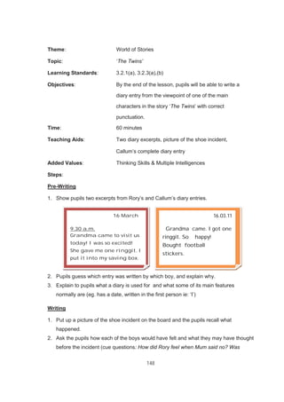 148
Theme: World of Stories
Topic: ‘The Twins’
Learning Standards: 3.2.1(a), 3.2.3(a),(b)
Objectives: By the end of the lesson, pupils will be able to write a
diary entry from the viewpoint of one of the main
characters in the story ‘The Twins’ with correct
punctuation.
Time: 60 minutes
Teaching Aids: Two diary excerpts, picture of the shoe incident,
Callum’s complete diary entry
Added Values: Thinking Skills & Multiple Intelligences
Steps:
Pre-Writing
1. Show pupils two excerpts from Rory’s and Callum’s diary entries.
2. Pupils guess which entry was written by which boy, and explain why.
3. Explain to pupils what a diary is used for and what some of its main features
normally are (eg. has a date, written in the first person ie: ‘I’)
Writing
1. Put up a picture of the shoe incident on the board and the pupils recall what
happened.
2. Ask the pupils how each of the boys would have felt and what they may have thought
before the incident (cue questions: How did Rory feel when Mum said no? Was
16 March
9.30 a.m.
Grandma came to visit us
today! I was so excited!
She gave me one ringgit. I
put it into my saving box.
16.03.11
Grandma came. I got one
ringgit. So happy!
Bought football
stickers.
 