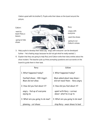 149
Callum upset with his brother?). Pupils write their ideas on the board around the
picture.
3. Help pupils to develop their ideas (eg. ‘angry with everyone’ can be developed
further - ‘He’s feeling angry because he did not get what he really wanted.’)
4. Explain that they are going to help Rory and Callum write their diary entries about the
shoe incident. The teacher puts up three prompting questions and cue words on the
board to guide them in their task.
Rory
1. What happened today?
football shoes - 100 ringgit-
Mum did not allow
2. How did you feel about it?
angry - fed up of everyone
saying no
3. What are you going to do now?
planning - cut shoes
Callum
1. What happened today?
Mum asked about new shoes –
did not need them - Rory angry
2. How did you feel about it?
upset with Rory – curious
about what he is up to
3. What are you going to do now?
stop Rory – wear shoes to bed
Callum:
-want to
teach Rory a
lesson.
-going to hide
shoes
Rory:
-angry with
everyone
-want the shoes
-going to cut
Callum’s shoes
 