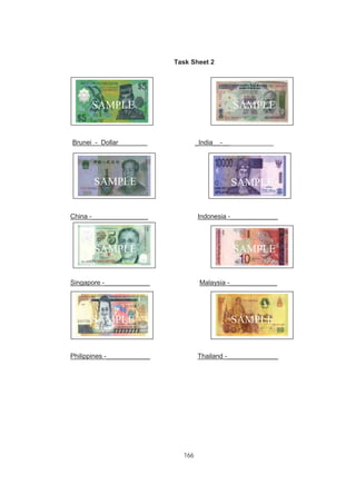 166
Task Sheet 2
Brunei - Dollar _India__-______________
China -_______________ Indonesia -_____________
Singapore -____________ Malaysia -_____________
Philippines -____________ Thailand -______________
SAMPLE SAMPLE
SAMPLE
SAMPLE
SAMPLE SAMPLE
SAMPLE
SAMPLE
 