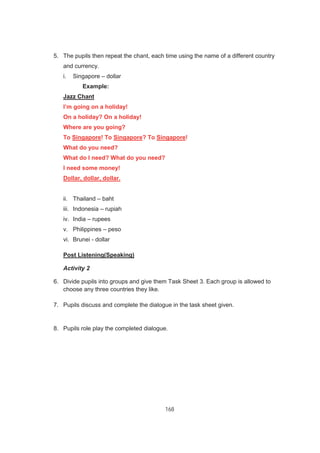 168
5. The pupils then repeat the chant, each time using the name of a different country
and currency.
i. Singapore – dollar
Example:
Jazz Chant
I’m going on a holiday!
On a holiday? On a holiday!
Where are you going?
To Singapore! To Singapore? To Singapore!
What do you need?
What do I need? What do you need?
I need some money!
Dollar, dollar, dollar.
ii. Thailand – baht
iii. Indonesia – rupiah
iv. India – rupees
v. Philippines – peso
vi. Brunei - dollar
Post Listening(Speaking)
Activity 2
6. Divide pupils into groups and give them Task Sheet 3. Each group is allowed to
choose any three countries they like.
7. Pupils discuss and complete the dialogue in the task sheet given.
8. Pupils role play the completed dialogue.
 