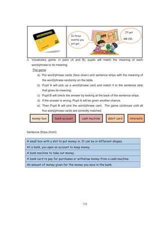 174
3. Vocabulary game: in pairs (A and B), pupils will match the meaning of each
word/phrase to its meaning.
The game:
a) Put word/phrase cards (face down) and sentence strips with the meaning of
the word/phrase randomly on the table.
b) Pupil A will pick up a word/phrase card and match it to the sentence strip
that gives its meaning.
c) Pupil B will check the answer by looking at the back of the sentence strips.
d) If the answer is wrong, Pupil A will be given another chance.
e) Then Pupil B will pick the word/phrase card. The game continues until all
five word/phrase cards are correctly matched.
money box bank account cash machine debit card interests
Sentence Strips (front)
A small box with a slot to put money in. It can be in different shapes.
At a bank, you open an account to keep money.
A bank machine to take out money.
A bank card to pay for purchases or withdraw money from a cash machine.
An amount of money given for the money you save in the bank.
…I’ll get
RM 100…
In three
months you
will get…
 