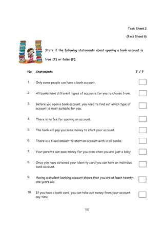 183
Task Sheet 2
(Fact Sheet II)
State if the following statements about opening a bank account is
true (T) or false (F).
No. Statements T / F
1. Only some people can have a bank account.
2. All banks have different types of accounts for you to choose from.
3. Before you open a bank account, you need to find out which type of
account is most suitable for you.
4. There is no fee for opening an account.
5. The bank will pay you some money to start your account.
6. There is a fixed amount to start an account with in all banks.
7. Your parents can save money for you even when you are just a baby.
8. Once you have obtained your identity card you can have an individual
bank account.
9. Having a student banking account shows that you are at least twenty-
one years old.
10. If you have a bank card, you can take out money from your account
any time.
 