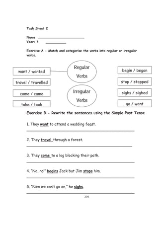 209
Task Sheet 2
Name: _______________________
Year: 4 __________
Exercise A - Match and categorise the verbs into regular or irregular
verbs.
Exercise B - Rewrite the sentences using the Simple Past Tense
1. They want to attend a wedding feast.
______________________________________________
2. They travel through a forest.
_____________________________________________
3. They come to a log blocking their path.
______________________________________________
4. “No, no!” begins Jack but Jim stops him.
______________________________________________
5. “Now we can’t go on,” he sighs.
______________________________________________
sighs / sighed
want / wanted
travel / travelled
come / came
begin / began
stop / stopped
Regular
Verbs
Irregular
Verbs
take / took go / went
 