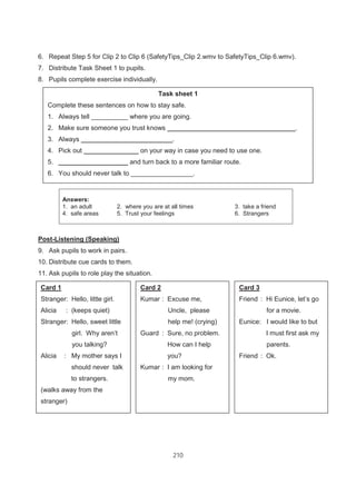 210
6. Repeat Step 5 for Clip 2 to Clip 6 (SafetyTips_Clip 2.wmv to SafetyTips_Clip 6.wmv).
7. Distribute Task Sheet 1 to pupils.
8. Pupils complete exercise individually.
Answers:
1. an adult 2. where you are at all times 3. take a friend
4. safe areas 5. Trust your feelings 6. Strangers
Post-Listening (Speaking)
9. Ask pupils to work in pairs.
10. Distribute cue cards to them.
11. Ask pupils to role play the situation.
Card 1
Stranger: Hello, little girl.
Alicia : (keeps quiet)
Stranger: Hello, sweet little
girl. Why aren’t
you talking?
Alicia : My mother says I
should never talk
to strangers.
(walks away from the
stranger)
Card 2
Kumar : Excuse me,
Uncle, please
help me! (crying)
Guard : Sure, no problem.
How can I help
you?
Kumar : I am looking for
my mom.
Card 3
Friend : Hi Eunice, let’s go
for a movie.
Eunice: I would like to but
I must first ask my
parents.
Friend : Ok.
Task sheet 1
Complete these sentences on how to stay safe.
1. Always tell __________ where you are going.
2. Make sure someone you trust knows ___________________________________.
3. Always _________________________.
4. Pick out _______________ on your way in case you need to use one.
5. ___________________ and turn back to a more familiar route.
6. You should never talk to _________________.
 