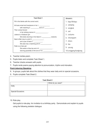 257
4. Teacher recites poem.
5. Pupils listen and complete Task Sheet 1.
6. Teacher checks answers with pupils.
7. Pupils recite poems paying attention to pronunciation, rhythm and intonation.
Post-Listening (Speaking
8. In groups, pupils talk about the clothes that they wear daily and on special occasions.
9. Pupils complete Task Sheet 2.
Task Sheet 2
What do you wear?
Daily
Special Occasions
10. Role play
Get pupils to role-play: An invitation to a birthday party. Demonstrate and explain to pupils
using the following skeleton dialogue.
Task Sheet 1
Fill in the blanks with the correct word.
Ali looks smart and handsome in his 1. _____________
with matching 2. __________ and a 3. ____________.
Then comes Kumari
in her striking maroon 4. _______________ .
Juliana is a Kadazan girl.
She looks stunning in her black 5. ___________ costume.
Next is Mei Ling in a pink 6. ______________.
and a pair of black 7. ___________.
She also has a matching pink 8. _____________.
Patik is an Iban girl.
She wears a blue top and a 9. ________________ .
dancing gracefully to the tune of 10. _________________.
Answers:
1. baju Melayu
2. samping
3. songkok
4. sari
5. costume
6. cheongsam
7. shoes
8. fan
9. sarung
10.Lenggang Kangkung
 