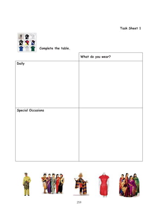 259
Task Sheet 1
Complete the table.
What do you wear?
Daily
Special Occasions
 