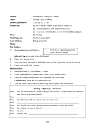 210
Theme: World of Self Family and Friends
Topic: Looking Good (Clothing)
Learning Standards: 2.2.3 (a), 2.2.2. 3 (b)
Objectives: By the end of the lesson, pupils should be able to:
(i) predict responses with teacher’s responses.
(ii) sequence sentence strips to form a meaningful paragraph.
Time: 60 minutes
Teaching Aids: Sentence strips, flyers
Added Values: Entrepreneurship
Steps:
Pre-Reading
1. Show pupils pictures of clothing.
Alternatively put on slide show clothing.ppt.
2. Pupils form groups of five.
3. In groups, pupils discuss and decide two pieces of the clothes they would like to buy.
4. Pupils must justify their choices.
While-Reading
5. Distribute Reading Text (dialogue) to pupils.
6. Pupils read aloud the dialogue using correct stress and intonation.
7. Pause and lead pupils to predict the responses from the mother.
Cue question: What will Mom’s response be?
8. Give the correct responses and pupils copy it to complete their reading text.
Reading Text (Dialogue - Prediction)
Mary: Mom, the boutique near our house is having a sale. Children’s clothes are sold at a discounted
price. Can we go shopping, please?
Mom: ______________________________________________________________________
Mary: Most of them do not fit me anymore. Can I put them away?
Mom: ______________________________________________________________________
Mary: Mom, if I give them to Ruth, would you buy me some skirts, blouses and T-shirts?
Mom: Mary, why do you need all of those? ________________________________________
Mary: But mom…
Mom: I’m sorry, Mary. ________________________________________________________
- Party dress (special occasions)
- Jeans, T-shirt (casual)
 