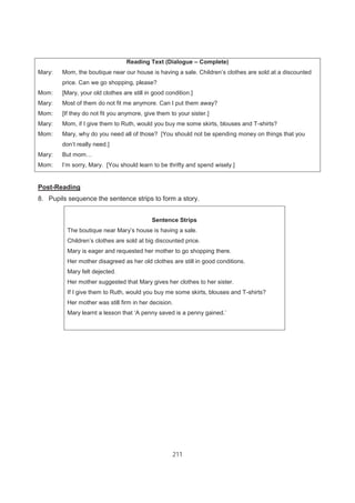 211
Reading Text (Dialogue – Complete)
Mary: Mom, the boutique near our house is having a sale. Children’s clothes are sold at a discounted
price. Can we go shopping, please?
Mom: [Mary, your old clothes are still in good condition.]
Mary: Most of them do not fit me anymore. Can I put them away?
Mom: [If they do not fit you anymore, give them to your sister.]
Mary: Mom, if I give them to Ruth, would you buy me some skirts, blouses and T-shirts?
Mom: Mary, why do you need all of those? [You should not be spending money on things that you
don’t really need.]
Mary: But mom…
Mom: I’m sorry, Mary. [You should learn to be thrifty and spend wisely.]
Post-Reading
8. Pupils sequence the sentence strips to form a story.
Sentence Strips
The boutique near Mary’s house is having a sale.
Children’s clothes are sold at big discounted price.
Mary is eager and requested her mother to go shopping there.
Her mother disagreed as her old clothes are still in good conditions.
Mary felt dejected.
Her mother suggested that Mary gives her clothes to her sister.
If I give them to Ruth, would you buy me some skirts, blouses and T-shirts?
Her mother was still firm in her decision.
Mary learnt a lesson that ‘A penny saved is a penny gained.’
 