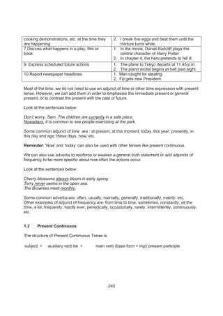 240
cooking demonstrations, etc. at the time they
are happening.
2. I break five eggs and beat them until the
mixture turns white.
7.Discuss what happens in a play, film or
book.
1. In the movie, Daniel Radcliff plays the
central character of Harry Potter.
2. In chapter 4, the hero pretends to fall ill.
9. Express scheduled future actions 1. The plane to Tokyo departs at 11.45 p.m.
2. The piano recital begins at half past eight.
10.Report newspaper headlines 1. Man caught for stealing.
2. Fiji gets new President.
Most of the time, we do not need to use an adjunct of time or other time expression with present
tense. However, we can add them in order to emphasise the immediate present or general
present, or to contrast the present with the past or future.
Look at the sentences below:
Don’t worry, Sam. The children are currently in a safe place.
Nowadays, it is common to see people exercising at the park.
Some common adjunct of time are : at present, at this moment, today, this year, presently, in
this day and age, these days, now, etc.
Reminder: ‘Now’ and ‘today’ can also be used with other tenses like present continuous.
We can also use adverbs to reinforce or weaken a general truth statement or add adjuncts of
frequency to be more specific about how often the actions occur.
Look at the sentences below:
Cherry blossoms always bloom in early spring.
Terry never swims in the open sea.
The Brownies meet monthly.
Some common adverbs are: often, usually, normally, generally, traditionally, mainly, etc.
Other examples of adjunct of frequency are: from time to time, sometimes, constantly, all the
time, a lot, frequently, hardly ever, periodically, occasionally, rarely, intermittently, continuously,
etc.
1.2 Present Continuous
The structure of Present Continuous Tense is:
subject + auxiliary verb be + main verb (base form + ing)/ present participle
 