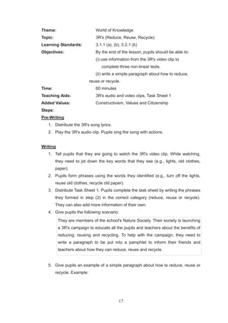 17
Theme: World of Knowledge
Topic: 3R's (Reduce, Reuse, Recycle)
Learning Standards: 3.1.1 (a), (b), 3.2.1 (b)
Objectives: By the end of the lesson, pupils should be able to:
(i) use information from the 3R's video clip to
complete three non-linear texts.
(ii) write a simple paragraph about how to reduce,
reuse or recycle.
Time: 60 minutes
Teaching Aids: 3R's audio and video clips, Task Sheet 1
Added Values: Constructivism, Values and Citizenship
Steps:
Pre-Writing
1. Distribute the 3R's song lyrics.
2. Play the 3R's audio clip. Pupils sing the song with actions.
Writing
1. Tell pupils that they are going to watch the 3R's video clip. While watching,
they need to jot down the key words that they see (e.g., lights, old clothes,
paper).
2. Pupils form phrases using the words they identified (e.g., turn off the lights,
reuse old clothes, recycle old paper).
3. Distribute Task Sheet 1. Pupils complete the task sheet by writing the phrases
they formed in step (2) in the correct category (reduce, reuse or recycle).
They can also add more information of their own.
4. Give pupils the following scenario:
They are members of the school's Nature Society. Their society is launching
a 3R's campaign to educate all the pupils and teachers about the benefits of
reducing, reusing and recycling. To help with the campaign, they need to
write a paragraph to be put into a pamphlet to inform their friends and
teachers about how they can reduce, reuse and recycle.
5. Give pupils an example of a simple paragraph about how to reduce, reuse or
recycle. Example:
 