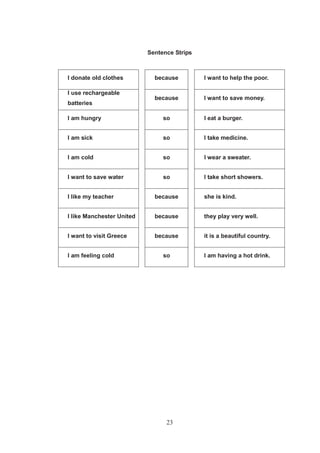 23
Sentence Strips
I donate old clothes because I want to help the poor.
I use rechargeable
batteries
because I want to save money.
I am hungry so I eat a burger.
I am sick so I take medicine.
I am cold so I wear a sweater.
I want to save water so I take short showers.
I like my teacher because she is kind.
I like Manchester United because they play very well.
I want to visit Greece because it is a beautiful country.
I am feeling cold so I am having a hot drink.
 