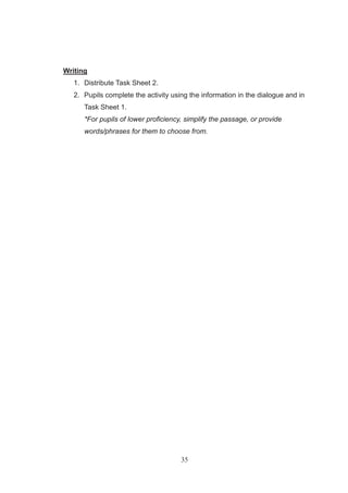 35
Writing
1. Distribute Task Sheet 2.
2. Pupils complete the activity using the information in the dialogue and in
Task Sheet 1.
*For pupils of lower proficiency, simplify the passage, or provide
words/phrases for them to choose from.
 