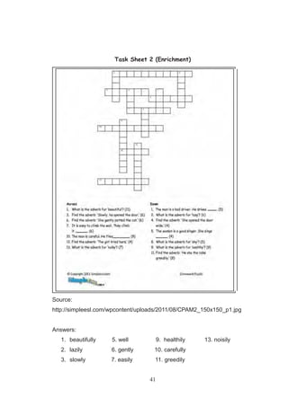 41
Task Sheet 2 (Enrichment)
Source:
http://simpleesl.com/wpcontent/uploads/2011/08/CPAM2_150x150_p1.jpg
Answers:
1. beautifully 5. well 9. healthily 13. noisily
2. lazily 6. gently 10. carefully
3. slowly 7. easily 11. greedily
 