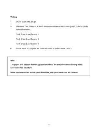 56
Writing
4. Divide pupils into groups.
5. Distribute Task Sheets 1, 4 and 5 and the related excerpts to each group. Guide pupils to
complete the task.
Task Sheet 1 and Excerpt 1
Task Sheet 4 and Excerpt 6
Task Sheet 5 and Excerpt 3
6. Guide pupils to complete the speech bubbles in Task Sheets 2 and 3.
Note:
Tell pupils that speech markers (quotation marks) are only used when writing direct
speech/quoted structure.
When they are written inside speech bubbles, the speech markers are omitted.
 