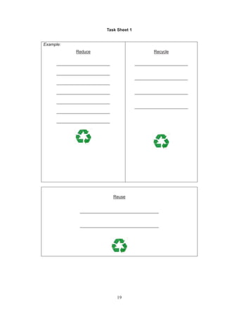19
Task Sheet 1
Example:
Reduce
_______________________
_______________________
_______________________
_______________________
_______________________
_______________________
_______________________
Recycle
_______________________
_______________________
_______________________
_______________________
Reuse
__________________________________
__________________________________
 