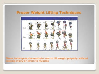 These techniques demonstrate how to lift weight properly without
causing injury or strain to muscles.
Proper Weight Lifting Techniques
 