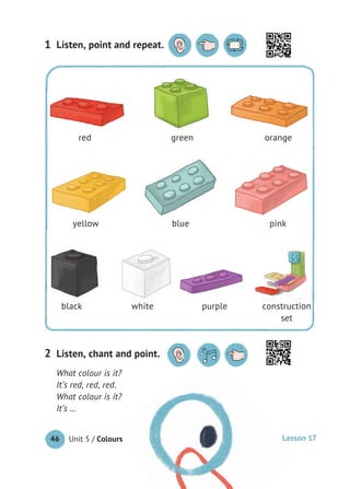Unit 5 / Colours46
What colour is it?
It’s red, red, red.
What colour is it?
It’s …
Listen, point and repeat.1
Listen, chant and point.2
Colours
red green orange
yellow blue pink
black white purple construction
set
red green orange
yellowyellow blueblue pinkpink
black white purplepurple construction
set
Lesson 17
 