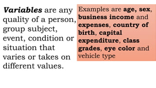 Variables are any
quality of a person,
group subject,
event, condition or
situation that
varies or takes on
different values.
Examples are age, sex,
business income and
expenses, country of
birth, capital
expenditure, class
grades, eye color and
vehicle type
 