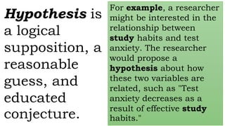 Hypothesis is
a logical
supposition, a
reasonable
guess, and
educated
conjecture.
For example, a researcher
might be interested in the
relationship between
study habits and test
anxiety. The researcher
would propose a
hypothesis about how
these two variables are
related, such as "Test
anxiety decreases as a
result of effective study
habits."
 