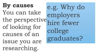 By causes
You can take
the perspective
of looking for
causes of an
issue you are
researching.
e.g. Why do
employers
hire fewer
college
graduates?
 