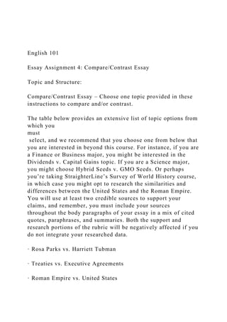 English 101
Essay Assignment 4: Compare/Contrast Essay
Topic and Structure:
Compare/Contrast Essay – Choose one topic provided in these
instructions to compare and/or contrast.
The table below provides an extensive list of topic options from
which you
must
select, and we recommend that you choose one from below that
you are interested in beyond this course. For instance, if you are
a Finance or Business major, you might be interested in the
Dividends v. Capital Gains topic. If you are a Science major,
you might choose Hybrid Seeds v. GMO Seeds. Or perhaps
you’re taking StraighterLine’s Survey of World History course,
in which case you might opt to research the similarities and
differences between the United States and the Roman Empire.
You will use at least two credible sources to support your
claims, and remember, you must include your sources
throughout the body paragraphs of your essay in a mix of cited
quotes, paraphrases, and summaries. Both the support and
research portions of the rubric will be negatively affected if you
do not integrate your researched data.
· Rosa Parks vs. Harriett Tubman
· Treaties vs. Executive Agreements
· Roman Empire vs. United States
 