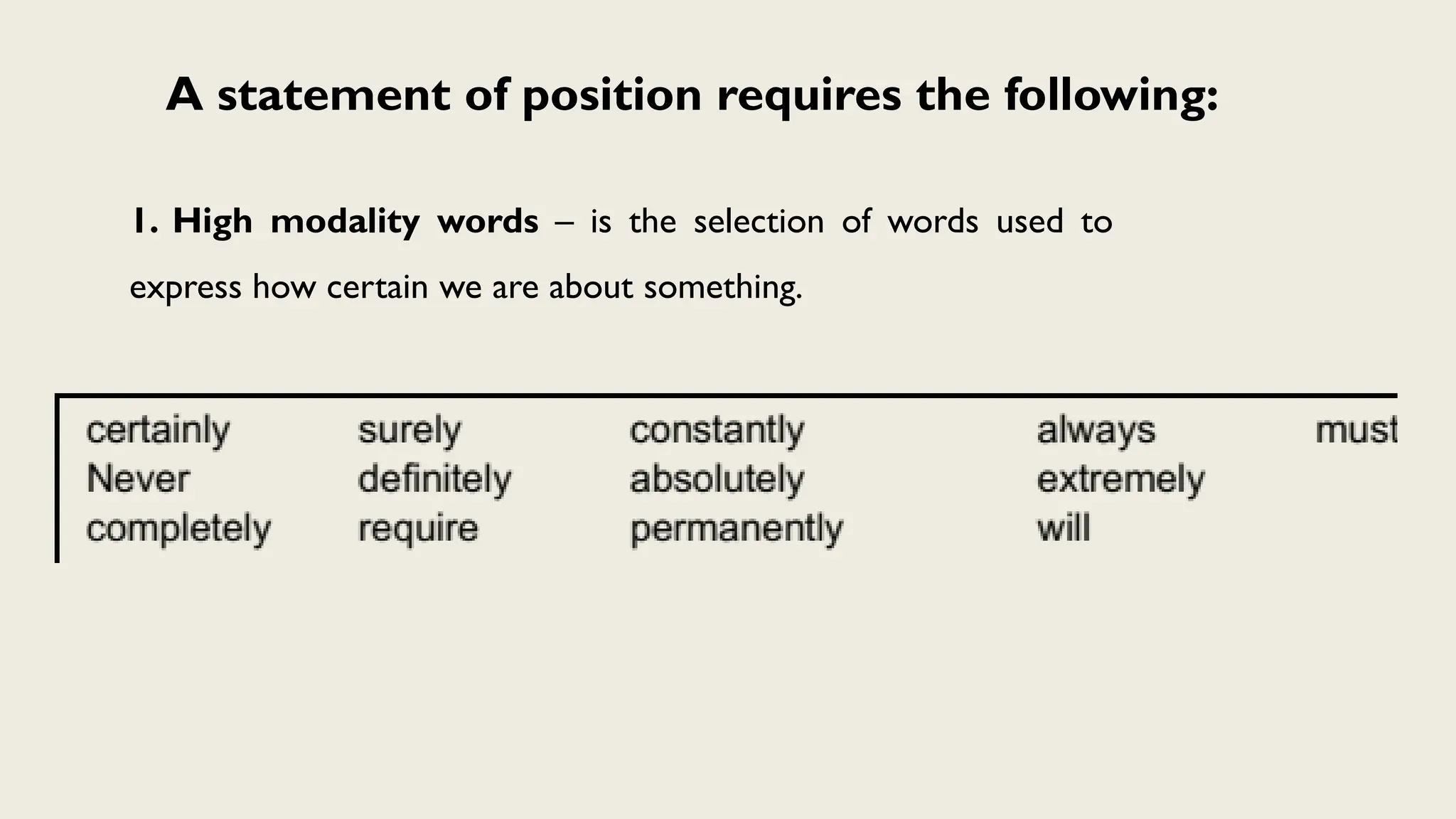 A statement of position requires the following:
1. High modality words – is the selection of words used to
express how certain we are about something.
 