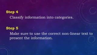 Step 4
Classify information into categories.
Step 5
Make sure to use the correct non-linear text to
present the information.
 