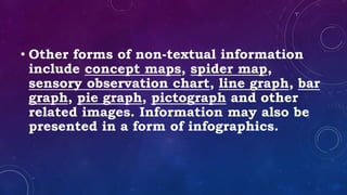 • Other forms of non-textual information
include concept maps, spider map,
sensory observation chart, line graph, bar
graph, pie graph, pictograph and other
related images. Information may also be
presented in a form of infographics.
 
