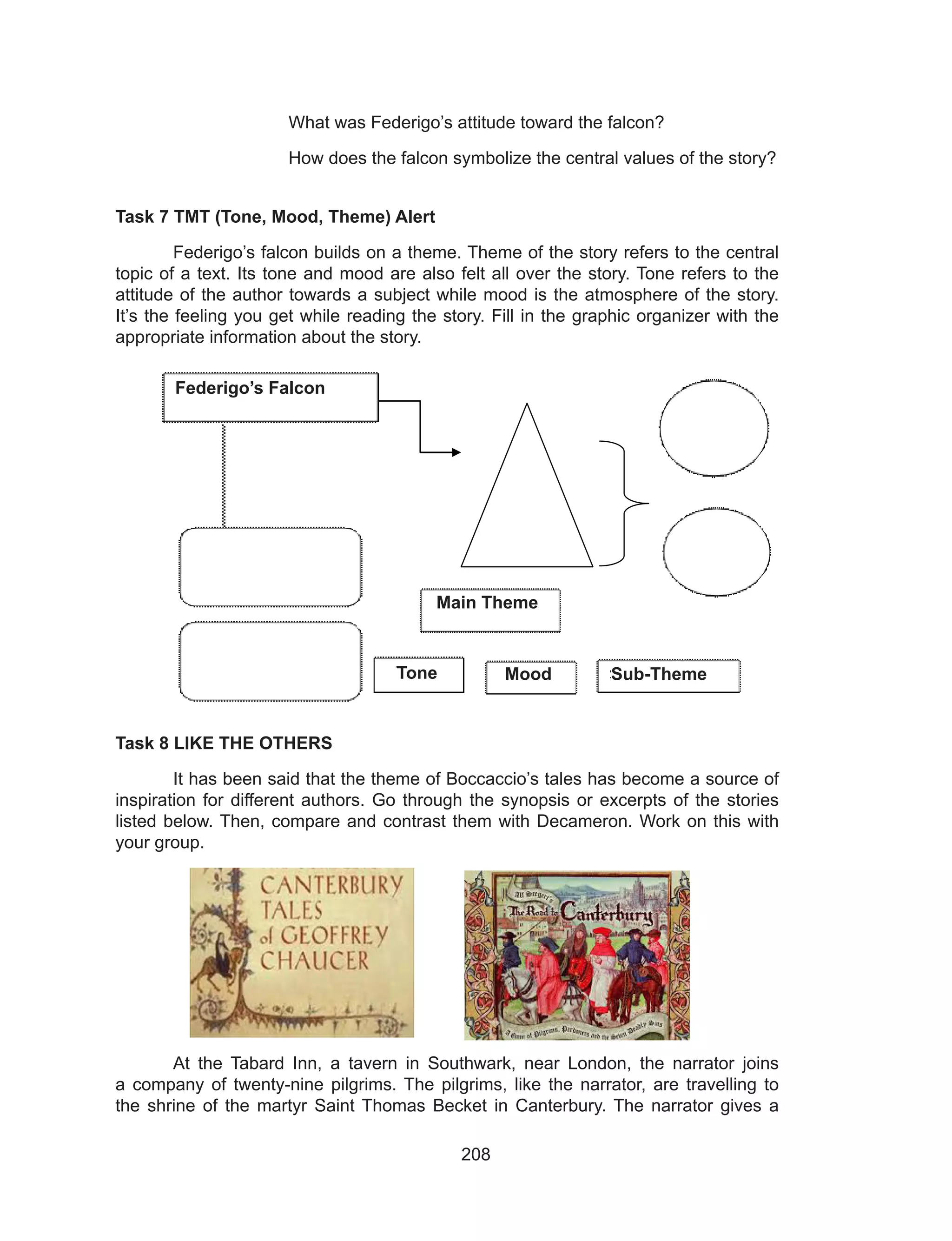 208
		 What was Federigo’s attitude toward the falcon?
		 How does the falcon symbolize the central values of the story?
Task 7 TMT (Tone, Mood, Theme) Alert
	 Federigo’s falcon builds on a theme. Theme of the story refers to the central
topic of a text. Its tone and mood are also felt all over the story. Tone refers to the
attitude of the author towards a subject while mood is the atmosphere of the story.
It’s the feeling you get while reading the story. Fill in the graphic organizer with the
appropriate information about the story.
Task 8 LIKE THE OTHERS
	 It has been said that the theme of Boccaccio’s tales has become a source of
inspiration for different authors. Go through the synopsis or excerpts of the stories
listed below. Then, compare and contrast them with Decameron. Work on this with
your group.
	 At the Tabard Inn, a tavern in Southwark, near London, the narrator joins
a company of twenty-nine pilgrims. The pilgrims, like the narrator, are travelling to
the shrine of the martyr Saint Thomas Becket in Canterbury. The narrator gives a
Federigo’s Falcon
Main Theme
Tone Mood Sub-Theme
 