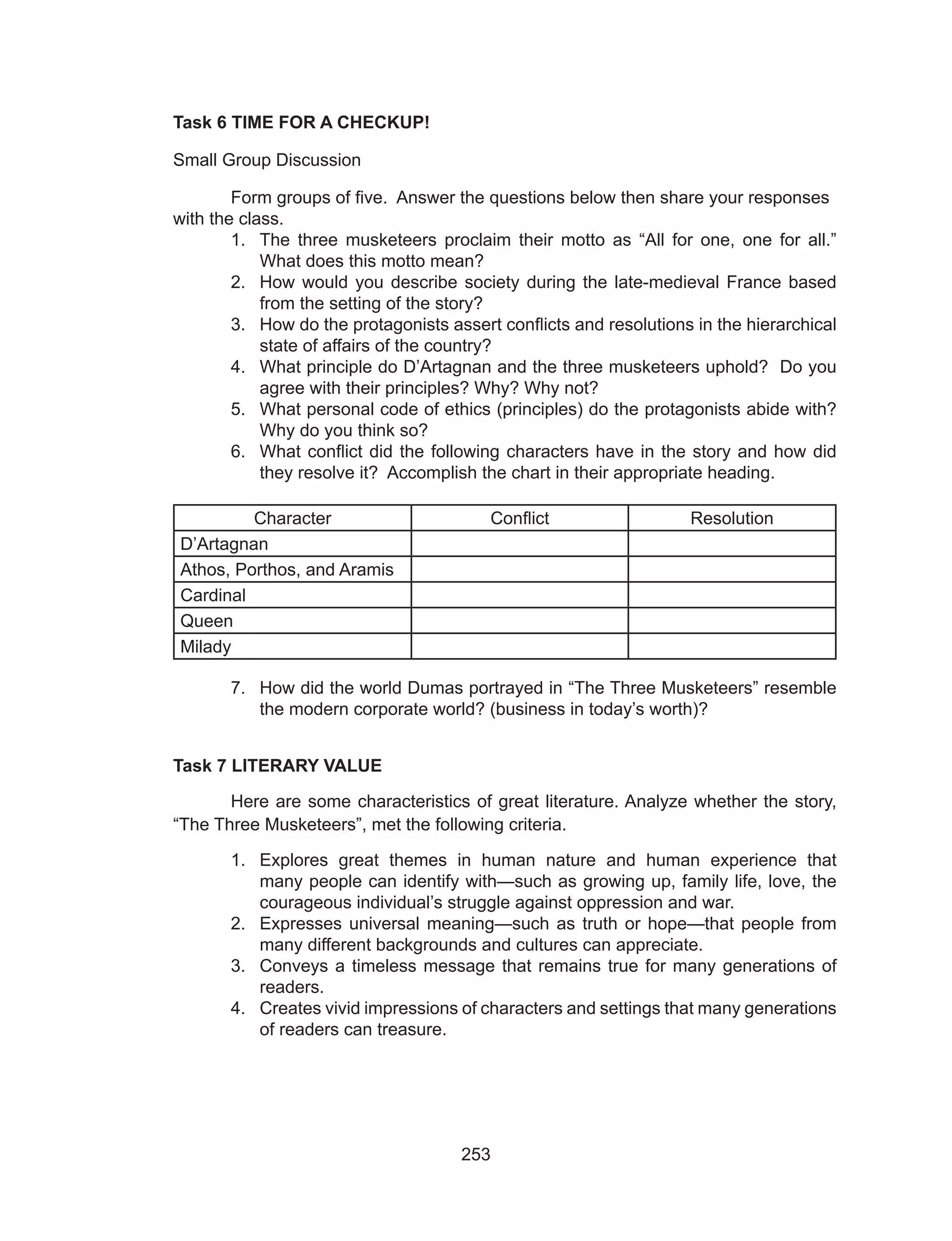 253
Task 6 TIME FOR A CHECKUP!
Small Group Discussion
	 Form groups of five. Answer the questions below then share your responses
with the class.
1.	 The three musketeers proclaim their motto as “All for one, one for all.”
What does this motto mean?
2.	 How would you describe society during the late-medieval France based
from the setting of the story?
3.	 How do the protagonists assert conflicts and resolutions in the hierarchical
state of affairs of the country?
4.	 What principle do D’Artagnan and the three musketeers uphold? Do you
agree with their principles? Why? Why not?
5.	 What personal code of ethics (principles) do the protagonists abide with?
Why do you think so?
6.	 What conflict did the following characters have in the story and how did
they resolve it? Accomplish the chart in their appropriate heading.
Character Conflict Resolution
D’Artagnan
Athos, Porthos, and Aramis
Cardinal
Queen
Milady
7.	 How did the world Dumas portrayed in “The Three Musketeers” resemble
the modern corporate world? (business in today’s worth)?
Task 7 LITERARY VALUE
	 Here are some characteristics of great literature. Analyze whether the story,
“The Three Musketeers”, met the following criteria.
1.	 Explores great themes in human nature and human experience that
many people can identify with—such as growing up, family life, love, the
courageous individual’s struggle against oppression and war.
2.	 Expresses universal meaning—such as truth or hope—that people from
many different backgrounds and cultures can appreciate.		
3.	 Conveys a timeless message that remains true for many generations of
readers.
4.	 Creates vivid impressions of characters and settings that many generations
of readers can treasure.
 