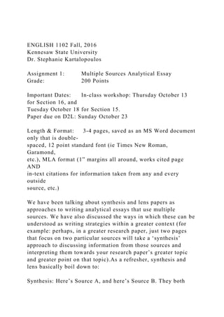 ENGLISH 1102 Fall, 2016Kennesaw State UniversityDr. Stephanie .docx