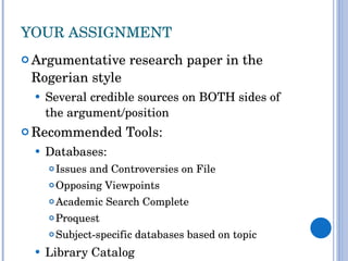 YOUR ASSIGNMENT Argumentative research paper in the Rogerian style Several credible sources on BOTH sides of the argument/position Recommended Tools: Databases: Issues and Controversies on File  Opposing Viewpoints Academic Search Complete Proquest Subject-specific databases based on topic Library Catalog 