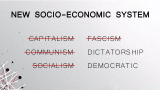 NEW SOCIO-ECONOMIC SYSTEM
CAPITALISM
COMMUNISM
FASCISM
SOCIALISM
DICTATORSHIP
DEMOCRATIC
 