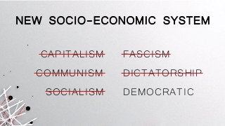 NEW SOCIO-ECONOMIC SYSTEM
CAPITALISM
COMMUNISM
FASCISM
SOCIALISM
DICTATORSHIP
DEMOCRATIC
 