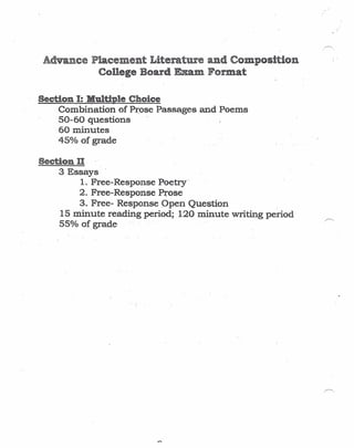 ~,
, '
Advance Placement Literature and Composition
College Board Exam. Format
Section .1:Multiple Choice
Combination of Prose Passages and Poems
50-60 questions
60 minutes
450/0 of grade
Section II
3 Essays
1·.Free-Response Poetry'
2. Free-Response Prose
30 Free- Response Open Question
15 minute reading period; 120 minute writing period
55% of grade .
 