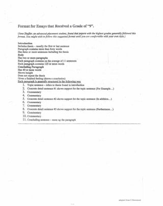 Format for Essays that Received a Grade of "9" •.
(Jane Shtiffer, an advanced placement student, jourut that papers with the highest grades generally followed this
format. YOH might wish to follow this suggested format until you are comfortable with your own style.)
Introduction ...
Includes-thesis - Usually the first or last sentence
Paragraph contains more than forty words
Has three or more sentences including thethesis
Body
Has. two or more paragraphs I .
Each paragraph contains on the average of 11·sentences
Each paragraph contains 125 ormore words .
Concluding Paragraph
HaS 40 or-more words- ..
Shows insight
Does not repeat the thesis
Gives a finished feeling (draws a conclusion)
Each paragraph is generally structured In the following way
1. Topic sentence .;...refers to thesis found in introaJ~tion
2. Conc~ete detail sentence #1 shows support for the topic sentence (For Example ... )
3. Commentary'
4. Commentary
5. Concrete detail sentence #2 shows support for the topic sentence (In addition ... )
6 .. Commentary
7. Commentary
8. Concrete detail sentence #3 shows support for the topic sentence (FUrthermore ... )
9. Commentary . .
10. Commentary
11. Concluding sentence - sums up the paragraph
adapted from C.,Hauunond
 