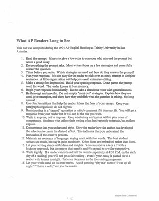 What AP Readers Long to See
This list was compiled during the 1994 AP English Reading at Trinity University in San
Antonio ..
1. Read the prompt. ·It hurts to give -a low-score to someone who misread the prompt but
wrote a good essay.
2. Do everything the prompt asks. Most writers focus on a few strategies and never fully
answer the question.
3. Think before you write. Which strategies are used and how do they answer the prompt?
4. Plan your response. It is not easy for the reader to pick over an essay attempt to decipher
sentences. A little organization will help you avoid extensive editing.
5. Make a.strong fir~t impression. Build your opening response. Don't parrot theprompt
word for word. The reader knows it from memory.
6. Begin your response immediately. Do not take acircuitous route with generalizations.
7. Be thorough and specific. Do not simply "point out" strategies. Explain how they are
used, give examples, and show .how they establish what the question is asking. No long
r=> quotes!
8. Use clear transitions that help the reader follow the flow of your essays. Keep your
paragraphs organized; do not digress.
9. Resist putting in a "canned" quotation or critic's comment if it does not fit. You will get a
response from your reader but it will not be the one you want.
10. Write to express, not to impress. Keep vocabulary and syntax within your zone of
competence. Students who inflate their writing ofteninadvertently entertain, but seldom
explain.
11. Demonstrate that you understand style. Show the reader how the author has developed
the selection to create the desired effect .. This indicates that you understand the
intricacies of the creative process.
12. Maintain an economy of language: saying much with few words. The best student
writers see much, but say it quite succinctly. Often ideas are embedded rather than listed.
13. Let your writing dance with ideas and insights. You can receive a 6 or a 7 with a
lockstep approach, but the essays that earn 8's and 9's expand to a wider perspective.
14. Write legibly. If a reader cannot read half the words (especially at 4:30 P.M. on the sixth
day of a reading) you will not get a fair reading - even if your essay is passed on to a
reader with keener eyesight. Patience decreases as the the reading progresses.
15. Let your work stand on its own merits. Avoid penning Ilpity me" notes ("1 was up all
night."· "I have a cold, II etc.) to the reader.
,---,
adapted from CJ"J~,ITlmand
 