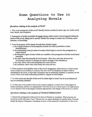 Some Questions to Use 1n
·Analyz.inq Novels
Questions relating to the analysis 0/PLOT
1. Who is the protagonist of thisnovel? Identify himlher quickly by name, age, era, locale, social
class, family, and occupation. .
2. Summarize as briefly as possible the single change which occurs to the protagonist during the
course-of this novel, takingeareto specify whether this change is mainly one of fortune, moral
character, or knowledge.
3. Trace the progressof this change through these detailed stages:'
a. the original situation of the protagonist (include the initial possibilities oflater
disequilibrium )
b. the precipitating event (or series of events) which begins to involve the protagonist in a
. . centraltension .. ..... . .-
c. the alternative types of action which are available to the protagonist as her/his involvement
intensifies ._
d. the major steps thatintensify theinvolvement, Show how' each step advances the
involvement,' and how itchanges the relative strength of the altematives.
e. the crisis. Show what event precipitates the crisis and how:
f. the resolution. Show what event breaks the crisis and how.
4. What questions of probability arise in this novel? (Suggestion: select the two or three events
which would be most unlikely in ordinary life; show how the likelihood of these events is
established in the novel, or how their occurrence may be artistically justified.) In general, are the
events of this novel made sufficiently probable to support its total designv-
5. To what extent may the plot of this novel be called tight or loose? Can its loose features (if
any) be artistically justified?
6. At what one or two points in this nove) is tension highest? Lowest? How is that degree of
tension produced, and how is it appropriate? Does this novel as a whole seem to be high-tension
or low-tension? How is the degree of tension .appropriate to the design of the novel as a whole?
Questions relating to the analysis oj CHARACTERIZATION
1. Discuss the protagonist in this novel In terms of flatness or roundness. What purposes are
served by her/his flat traits, if any? Discuss any two minor characters in similar terms. For each,
justify the degree of flatness or roundness in terms of the character's contribution to this novel.
 