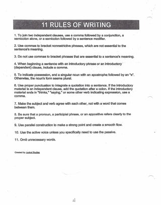 1. To join two independent clauses, use a comma followed. by a conjunCtion, a
semicolon alone, or a semicolon followed by a sentence modifier;
2. Use commas to bracket nonrestrictive phrases, which are not essential to the
sentence's meaning. . . . . , .
3. Do not use commas to bracket phrases that are essential to a sentence's meaning.
4. When beginning a sentenCe With an introductorY phrase or an introductory
(dependent) clause, include a.comma.
5. To indicate poeseeslon, end a singular noun With an apostrophe. followed byan AS".
Otherwise, the noun's form seems plural. .. .. .' .
6. Use proper punctuation to integrate a quotation into a sentence. Ifthe introductory
material is an independent clause, add the quotation afteracclcn, Ifthe introductory
material ends in "thinks," Itsaying,Itor some other verb indicating expression, use a .'
comma.
7. Make the subject and verb agree with each other. not with a word that comes
between them. ' ." '
8. Be sure that a pronoun, a participial phrase. or an appositive refers clearly to the
proper subject. .
9. Use parallel construction to make a strong point and create asmooth flow.
1O. U~e the active voice unless you specifically need to use the passive.
11. Omit unnecessary words.
Created by Junket Studies
 