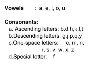 Vowels : a, e, i, o, u
Consonants:
a. Ascending lettersAscending letters: b,d,h,k,l,t
b.Descending lettersDescending letters: g,j,p,q,y
c.One-space lettersOne-space letters: c, m, n,
r, s, v, w, x, z
d.Special letterSpecial letter: f
 